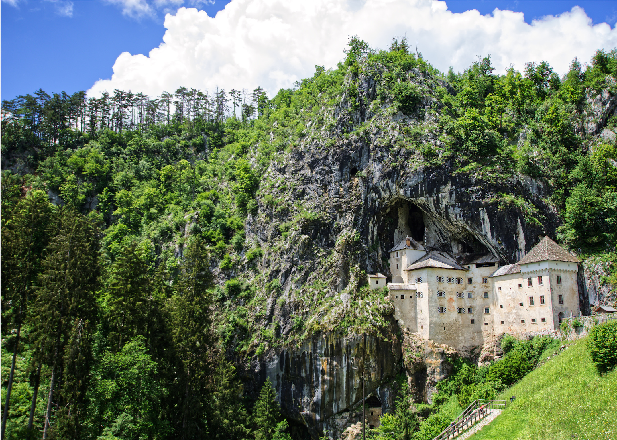 picture of a hill covered in green trees with a castle in the lower-right  that is built in to the hillside, with parts of it receding back into the  hill, and other parts extending out in front. The castle is off-white and  visibly aged. Part of the roof on one of the towers is missing.